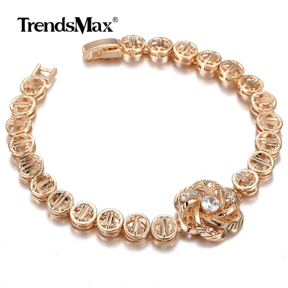 8mm 585 Rose Gold Luxury Crystal Flower Charm Bracelet for Women Girls Wristband Jewelry Christmas gifts CB37