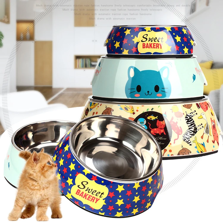 2 In 1 Dog Bowl Stainless Steel Cute Print Pattern Durable Non-slip Puppy Cat Food Feeder Drinking Water Pet Feeding Supplies