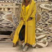 Женский свитер, осенне-зимняя однотонная верхняя одежда, стильная теплая трикотажная одежда с длинными рукавами и капюшоном, Женское пальто большого размера