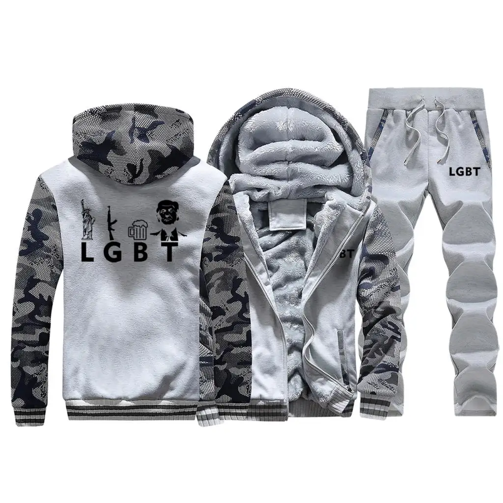 Light Gray 1 Liberty guns пиво Трамп забавные толстые толстовки Толстовка с брюками Костюм мужской зимний теплый спортивный костюм Мужская куртка+ брюки камуфляжная куртка - Цвет: Light Gray 1