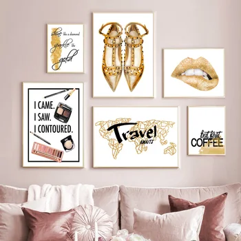 Billig Wand Kunst Leinwand Malerei Mädchen Lieblings Kosmetik Hohe Ferse Salon Nordic Poster Und Drucke Wand Bilder Für Wohnzimmer Decor