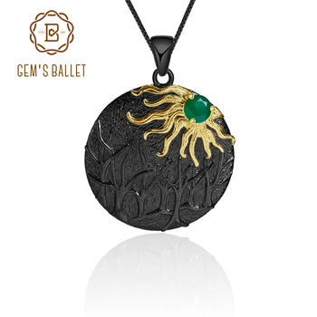

GEM'S BALLET Handmade Black 925 Sterling Silver Sun Forest Pendant Necklace For Women Natural Green Agate Gemstone Fine Jewelry