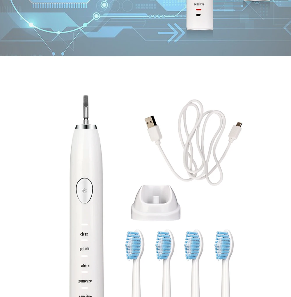 Rehargeable электрическая зубная щетка с 4 сменными щетками usb зарядка мощность зубная щетка водонепроницаемый