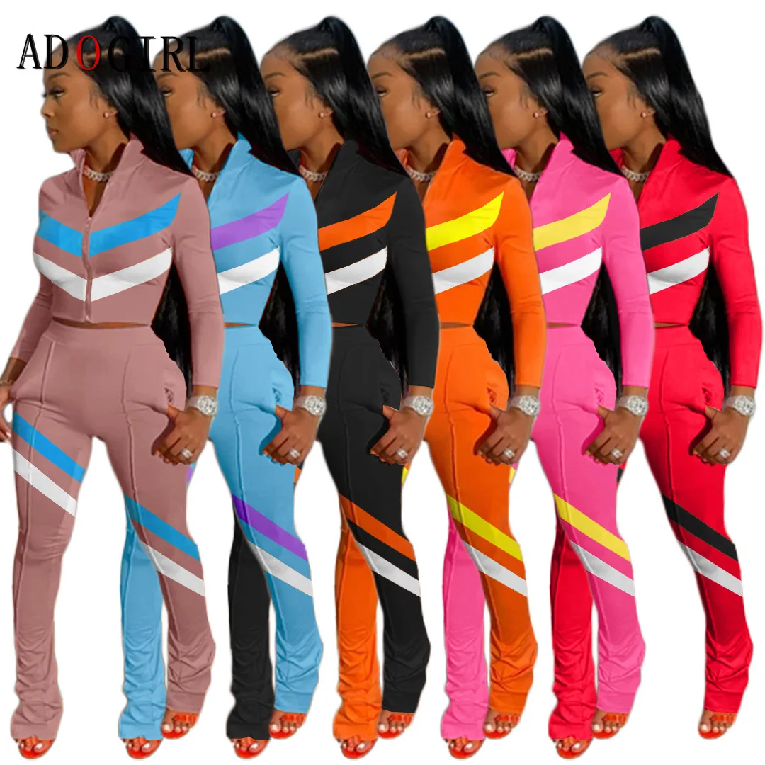 

Adogirl Patchwork Striped Tracksuit Women Casual Two Piece Set Full Sleeve Zipper Tops+Pants Sets Fashion Sporty Workout