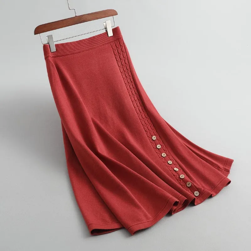 

J192 New Women Winter A-Line Buttons Sweater Skirt Wool Blends Warm Sweaters Saias Knitwear