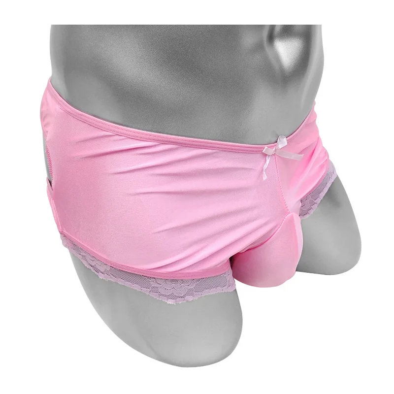 Shiny Satin Sissy Pouch Panties With Floral Lace Patchwork Open Butt Mens Boxer Underwear Sexy Lingerie Night Wear