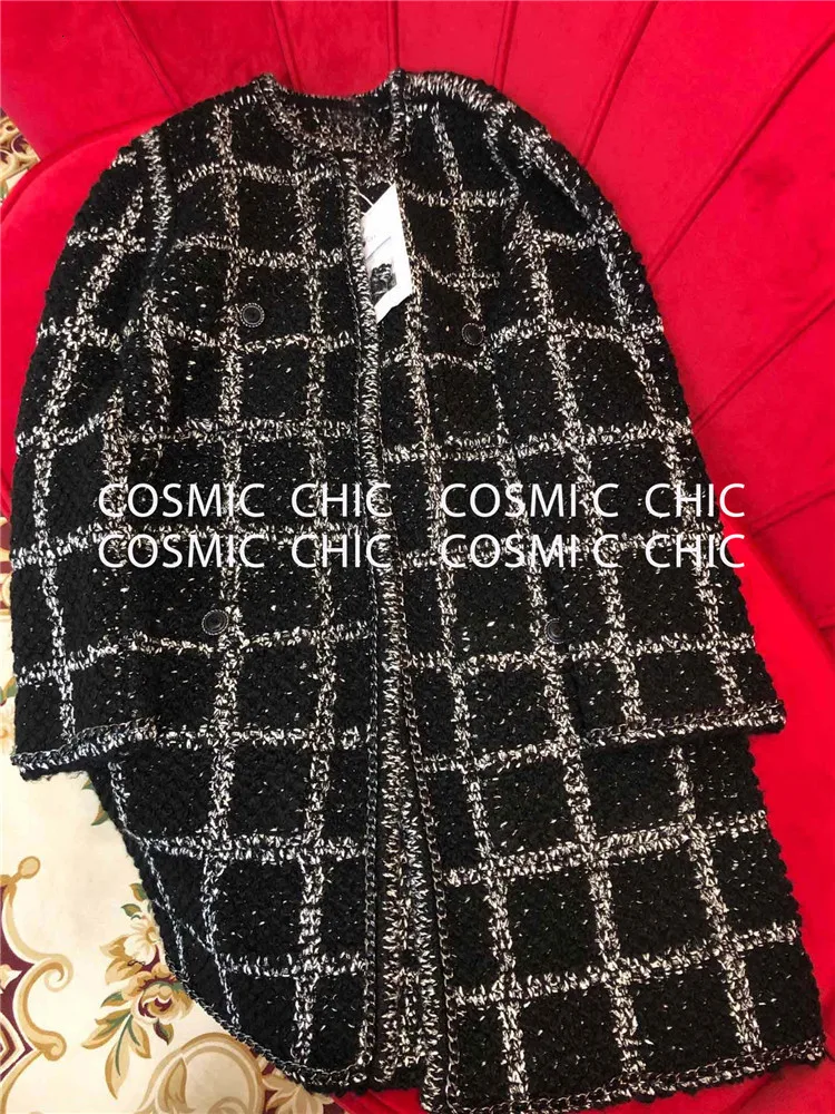 Cosmicchic осень зима Черный Модный элегантный шерстяной кардиган средней длины пальто клетчатый вязаный шерстяной свитер пальто