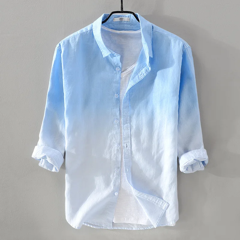 

New Style Men's Linen Gradient Shirt Loose-Fit Square Collar Three-quarter-length Sleeve Casual Linen Shirt Recruit