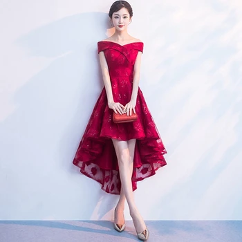 

Elegant bride toasting dress red wedding dress sexy word collar strapless strapless slim swallowtail front short back long dress
