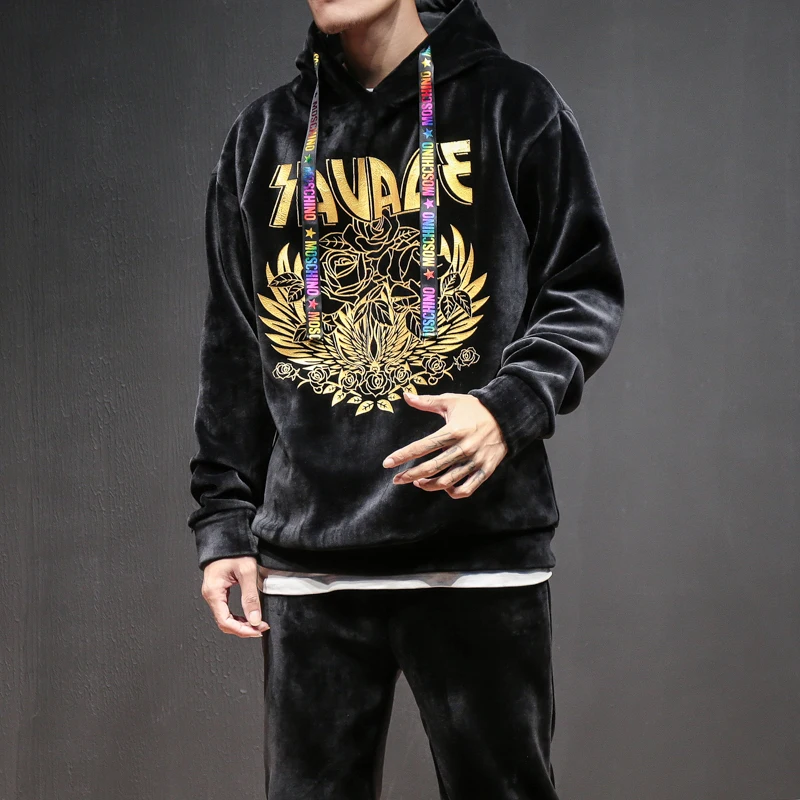 Мужской Бархатный спортивный костюм с вышивкой мягкий однотонный японский