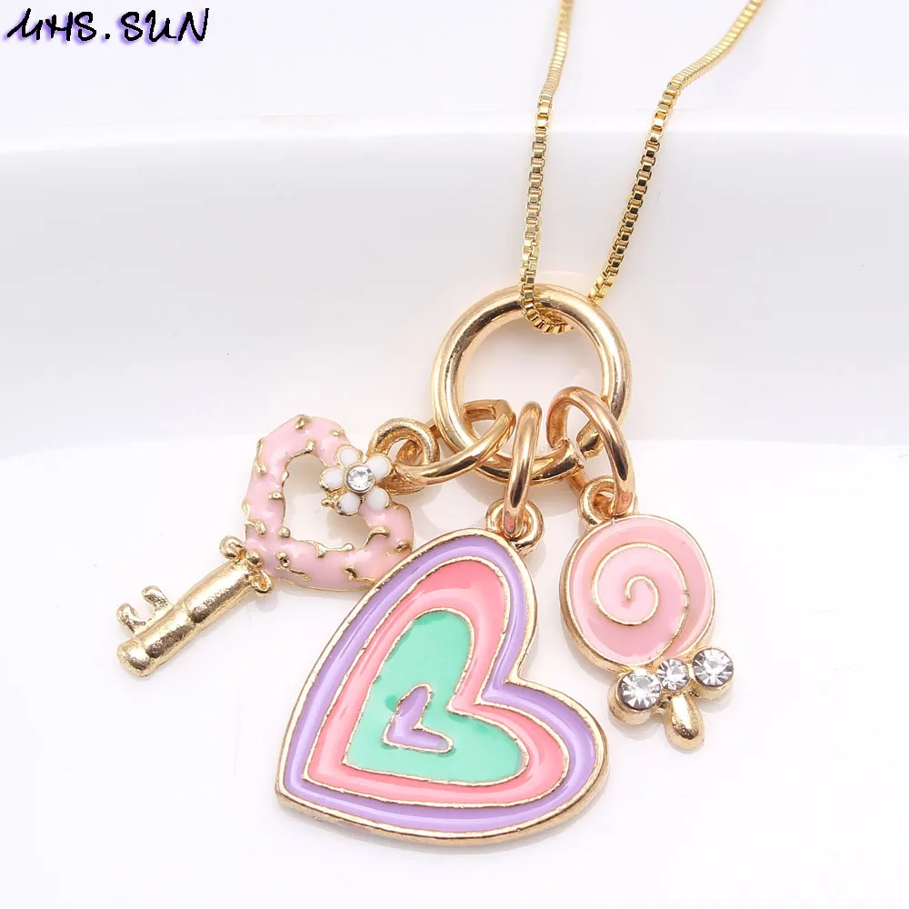 MHS.SUN Fashion Design Kids Girls Heart Flower Key Pendants Necklace Baby Child Charming Chain Necklace Jewelry Accessories New