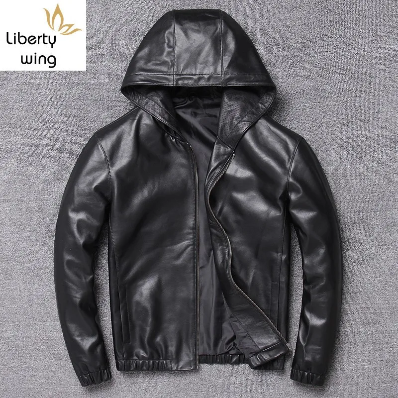 

Fashion Mens Casual Hoody Windbreaker Real Sheepskin Coat Slim Fit Plus Size 4XL Bomber Autumn Man Genuine Leather Jacket