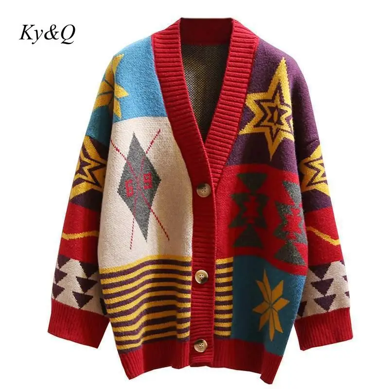 Рождественский Женский индивидуальный длинный свитер, кардиганы Vneck, повседневный Свободный вязаный джемпер с принтом, длинное красное пальто, Брендовое зимнее пальто