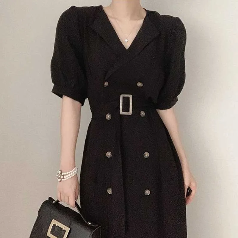 One Piece Ladies Dress Korean Elegant Office Women Dresses 2020 Summer Woman New Double-Breasted Puff Sleeve Dress Midi Dresses