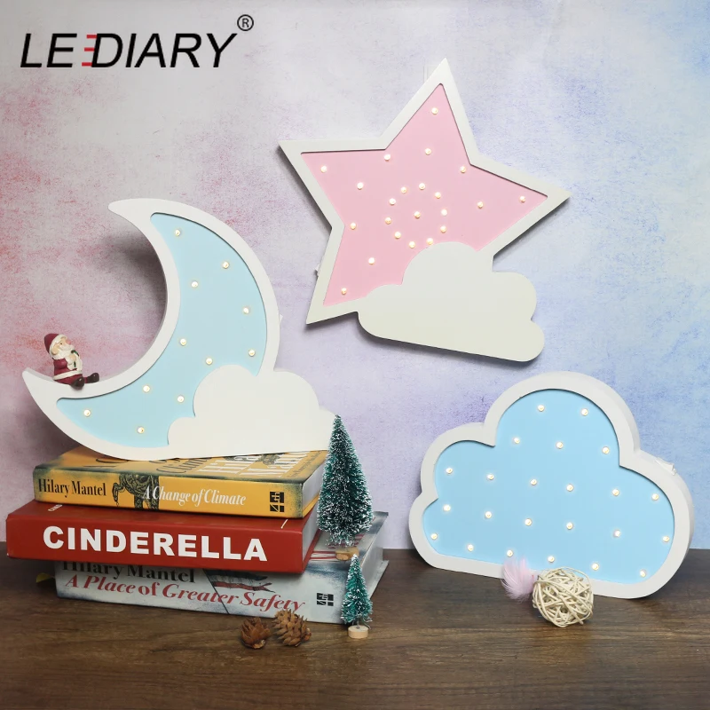  LEDIARY Wooden Night Light Bedside Lamp Moon Star Cloud LED Night Light Ramadan Room Decoration For - 4000105061897