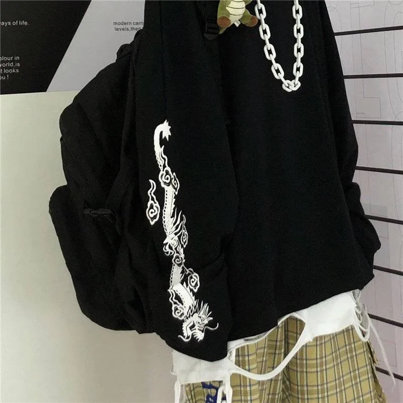 Новая японская версия, крутые футболки с принтом дракона Harajuku, черные футболки в стиле хип-хоп для мужчин и женщин, Весенние футболки с длинным рукавом в стиле пэчворк, свободная футболка