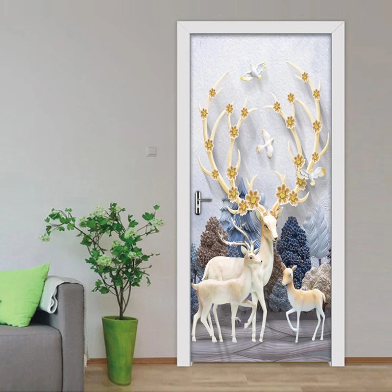 2pcs/set Creative Forest Elk Door Stickers Home Decor Modern PVC Waterproof Kids Room Bedroom Door Sticker Wallpaper Wall Decals