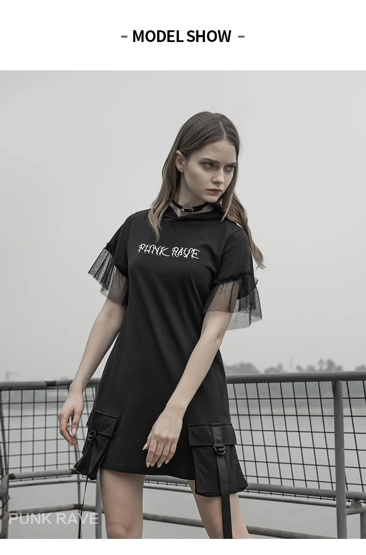 PUNKRAVE панк темное платье новое оснастка карман свободные тонкие вышитые платья женские