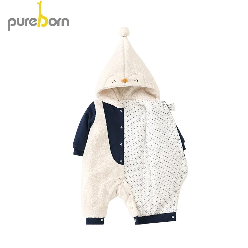 Pureborn/зимняя одежда для новорожденных; комбинезон с капюшоном и рисунком пингвина для маленьких мальчиков; Толстый комбинезон с галстуком-бабочкой для маленьких джентльменов