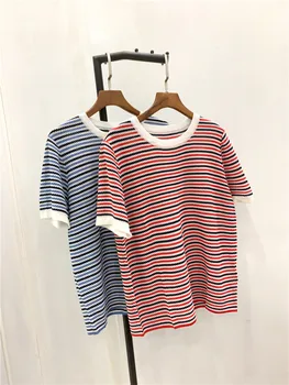 

Stripes Casual Women Knitted T Shirt 2020 Summer Short-sleeved Knitwear Tee Top Female T-shirts Fashion
