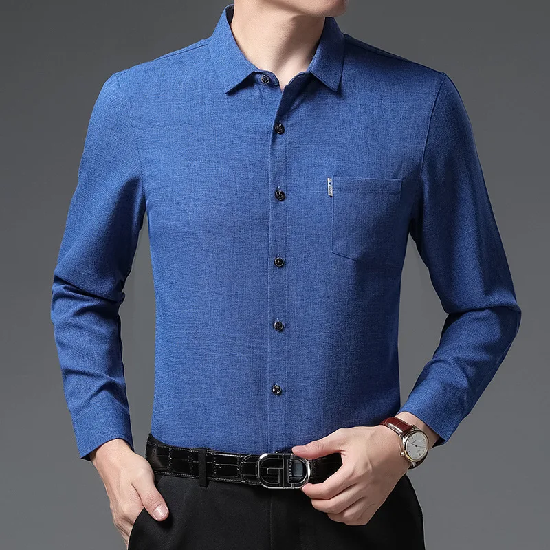 

High-end Luxury Men's Long-sleeved Shirt Spring and Autumn Ice Silk Summer Thin Middle-aged Father Autumn Shirt Business Casual