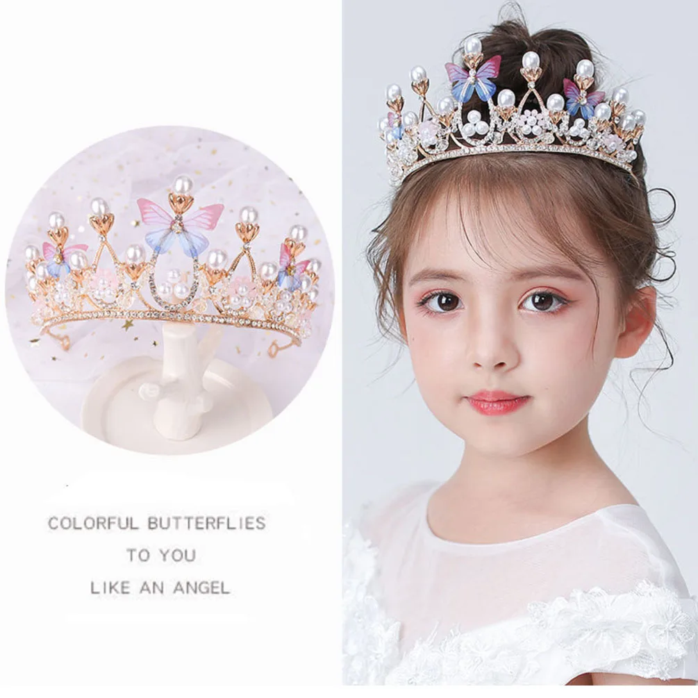 Romantic Butterfly Shape Princess Crown for Girls Handmade Rhinestone Tiara Pearl Headband For Birthday Wedding Model Catwalk | Украшения и