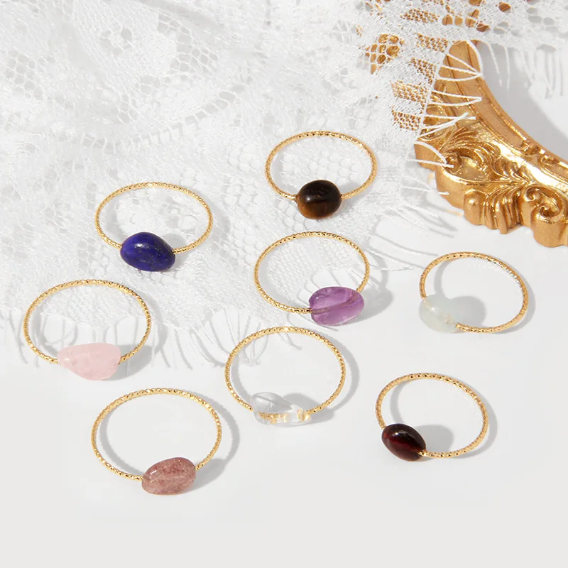 Minimalism Natural Stone Rings Golden Metal Gem Quartz Beads Ring Trendy Healing Jewelry Gifts Wholesale Dropshipping | Украшения и