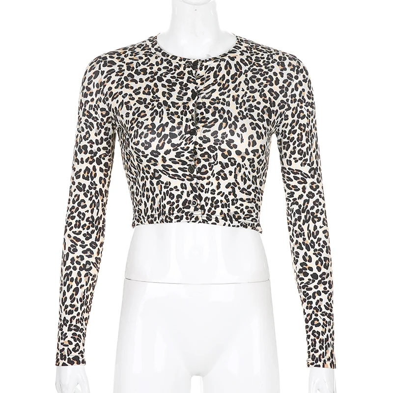 IAMSURE Autumn Streetwear Fashion Leopard Print Long Sleeve Women Cardigan Blouses Fitness Female Cropped Shirt Rave Outfits