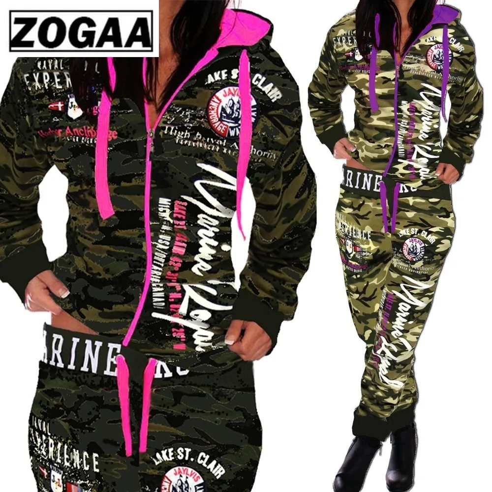 

2018 autumn women 2 piece Set tracksuit set women outfit Hooded Sweatshirt with trousers printing zipper track suit set femme