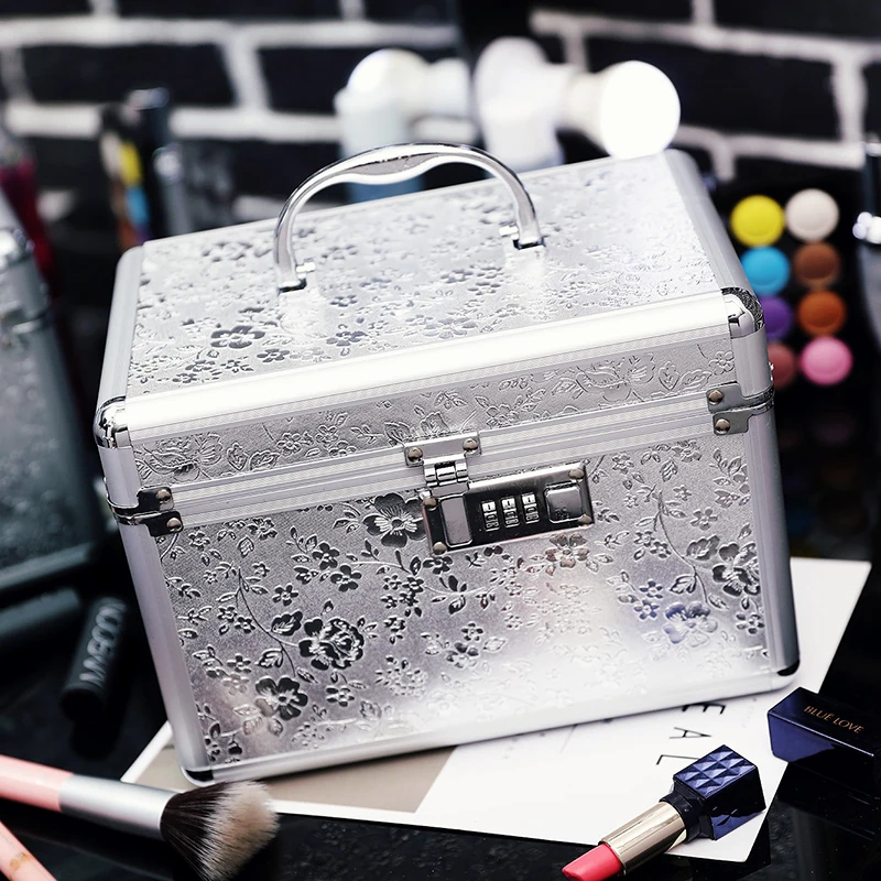 

Women Professional Aluminum Makeup Case Portable Travel Jewelry Train Case Cosmetic Organizer Case Box With Mirror Beauty Case