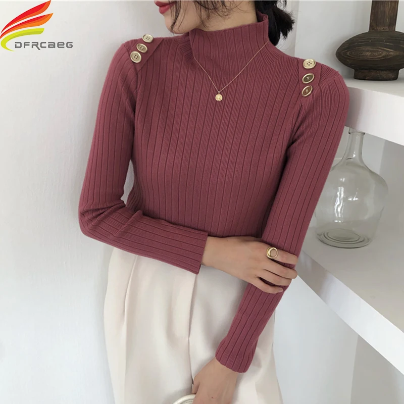 

New 2020 Autumn Winter Sweater Women Turtleneck Rib Knit Full Sleeve Buttons Casual Ladies Tops 5 Colors Slim Pull Femme