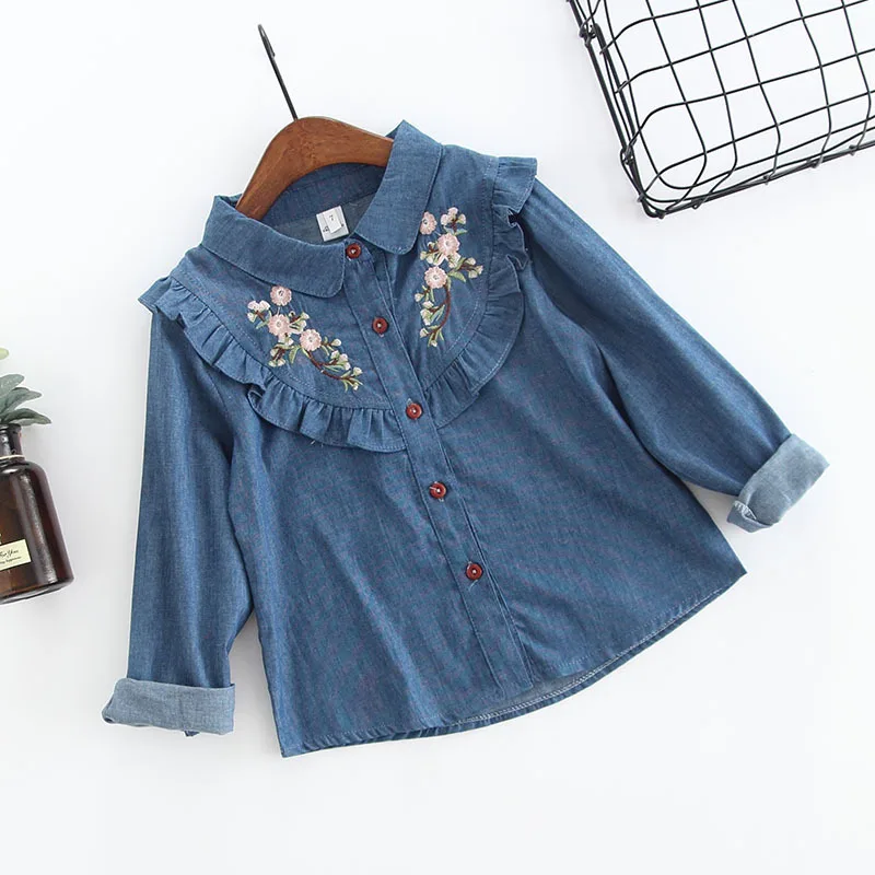 

Girls Lapel Shirt Spring And Autumn New Style Children's Shirt Children Korean-style Embroider Jacket Cowboy Long Sleeve Childre