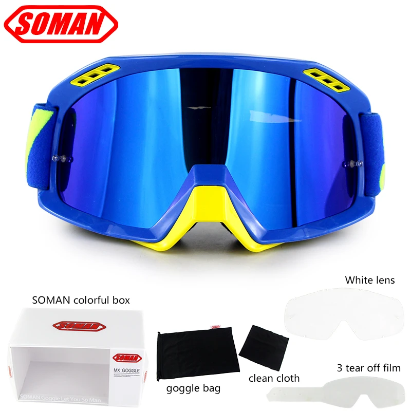 SOMAN SM15 очки для мотокросса с отрывными пленками очки для мотоциклетных шлемов Байк Gafas очки для мотокросса - Цвет: Blue