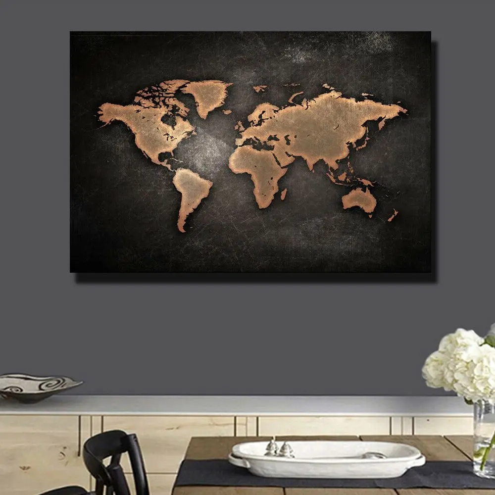 

Black Brown World Map Modern Posters Pictures Canvas Wall Art Home Decor Paintings for Living Room Bedroom Decorations