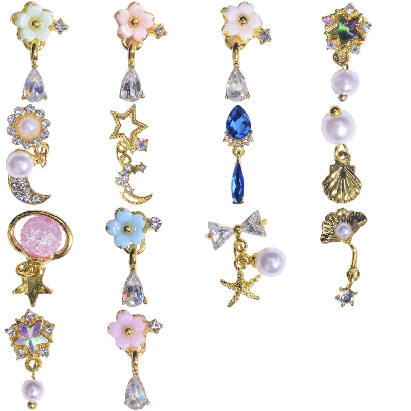 

10PCS/LOT Nail Art Pearl Crystal Stud 14-Style (Je415-428) Metal Chain Dangle Crystal Rhinestone Nail Art Jewelry Decor Crystals