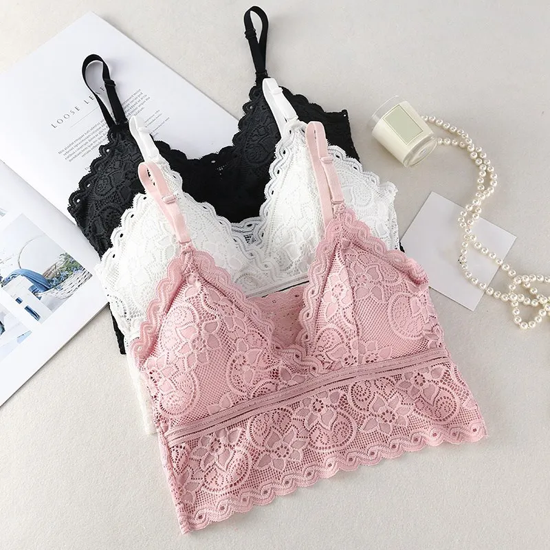 

Women Embroidery Floral Tank Top Fashion Wireless Bra Padded Deep V Lace Bras Summer Crop Top