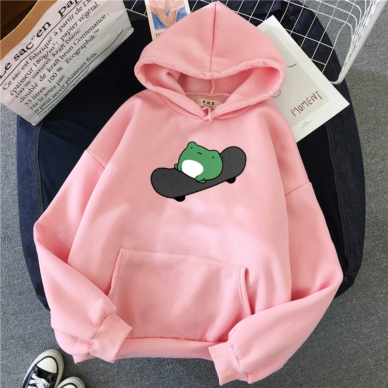 Sudadera con capucha para hombre y mujer, ropa de Skateboard, Rana, gran tamaño, SHarajuku, cálida, con cordón, rosa, estilo coreano, Invierno