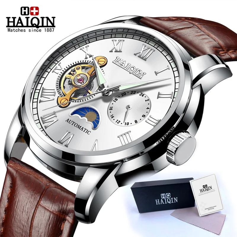 Silver White Новинка HAIQIN, мужские механические часы, автоматические мужские часы, Топ бренд, роскошные часы, мужские наручные часы в Военном Стиле, Relogio Masculino - Цвет: Silver White