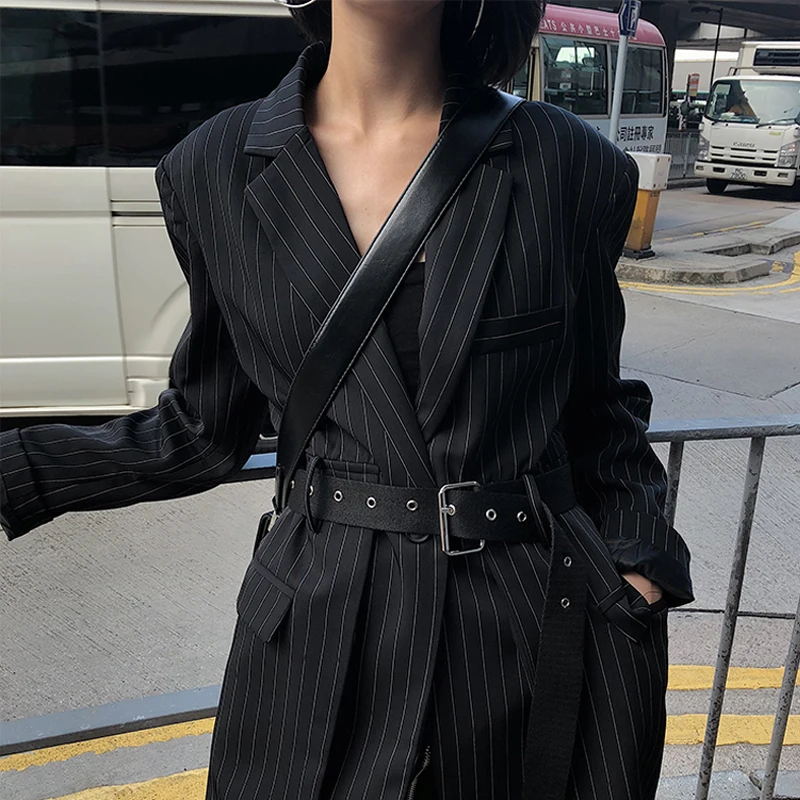 Fashion Striped Sashes Female Blazer Femme Notched Full Sleeve Black Woemn Jacket Autumn Loose Dress Suit Streetwear Women Suits