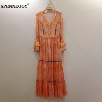 

SPENNEOOY Designer Custom Runway Sexy V-Neck Print Women Spring Boho Holiday Long Dresses Femme Flare Sleeve Ruffles Silk Dress