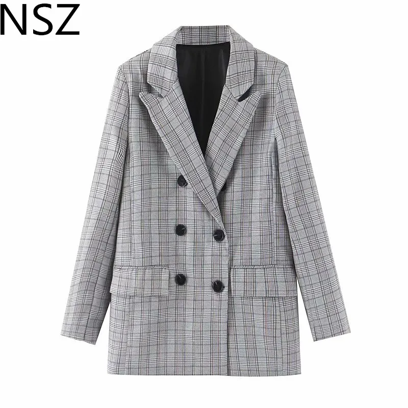 NSZ женский серый клетчатый пиджак, винтажная куртка в клетку, двубортный пиджак для офиса, верхняя одежда, верхняя одежда
