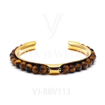 

Fashion Handmade Bangle 6mm Round Tiger Eye Beaded Bracelet Natural Stone Bangle