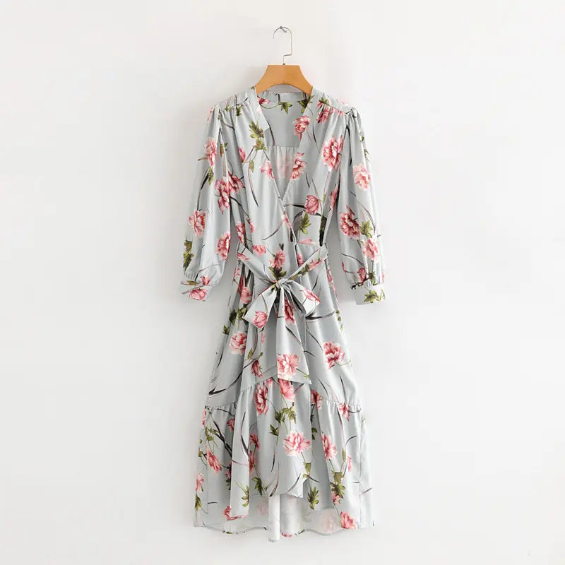 

FF60-625 European and American Fashion Wind Printed Lotus Leaf Edge Dress
