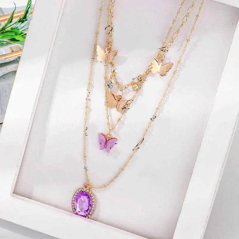 Женское Ожерелье чокер с бабочками многослойное ожерелье фиолетовыми/розовыми