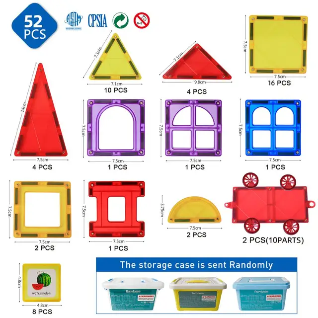 52 PCS Big Size Magnetic Construction Building Blocks Sets Montessori Educational Toys DIY 3D Magnetic Tiles  for Kids Gifts 2