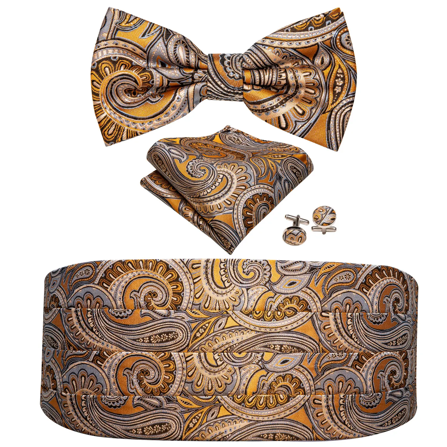 Для мужчин Золотой Пейсли широкий пояс черный галстук-бабочка Шелковый цветочный набор карман Квадратные запонки формальный для смокинга костюм Барри. WangYY-1005 - Цвет: YF-1019
