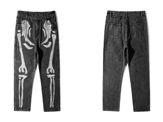 balck jeans Plegie/джинсы с принтом черепа и костей; повседневные свободные джинсы в стиле хип-хоп; уличная одежда; мужские хипстерские брюки в стиле панк-рок; модные брюки; джинсы - Цвет: balck jeans