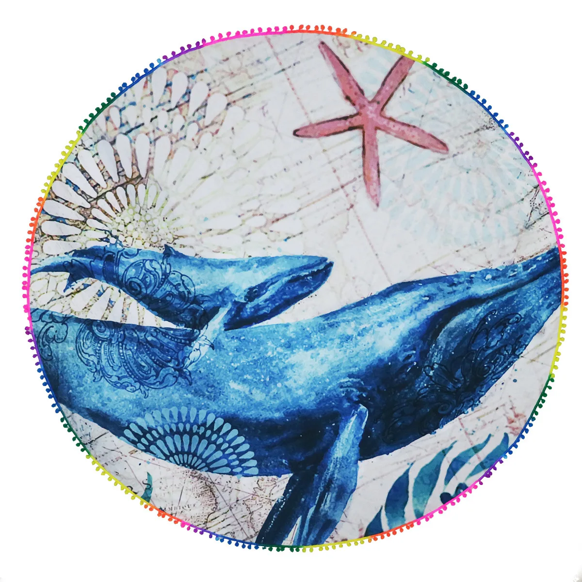 

Hot Selling Circle Color round Ball Tassels Shark Printed Beach Towel Sun-resistant pi jian jin Outdoor Picnic Mat St2263