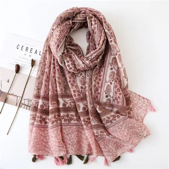 

Paisley Flower Gauze Scarf Spring Light Pink National Style Cotton Scarf Beach Tourism Wraps Beach Sun-proof Shawl