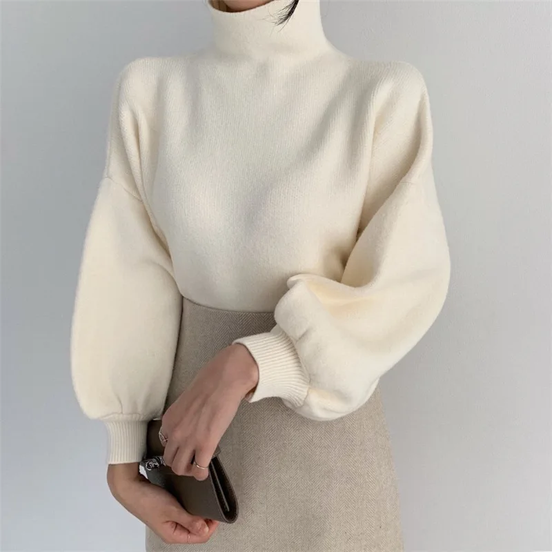 

2019 Autumn And Winter New Style Korean-style French Retro Collocation-Lantern Sleeve Loose-Fit High Collar Sweater
